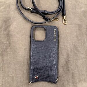 Bandolier Black Leather Phone Case with Gold Accents iPhone 14 Pro Max